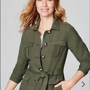JJILL linen-belted safari style jacket. Olive MP NEVER WORN!